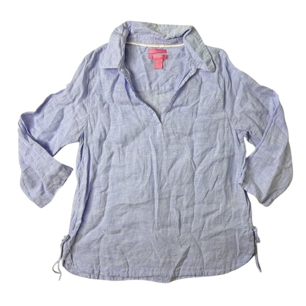 Isaac Mizrahi New York 100% Linen Tunic Top Blue 3/4 Sleeve Women's Large L